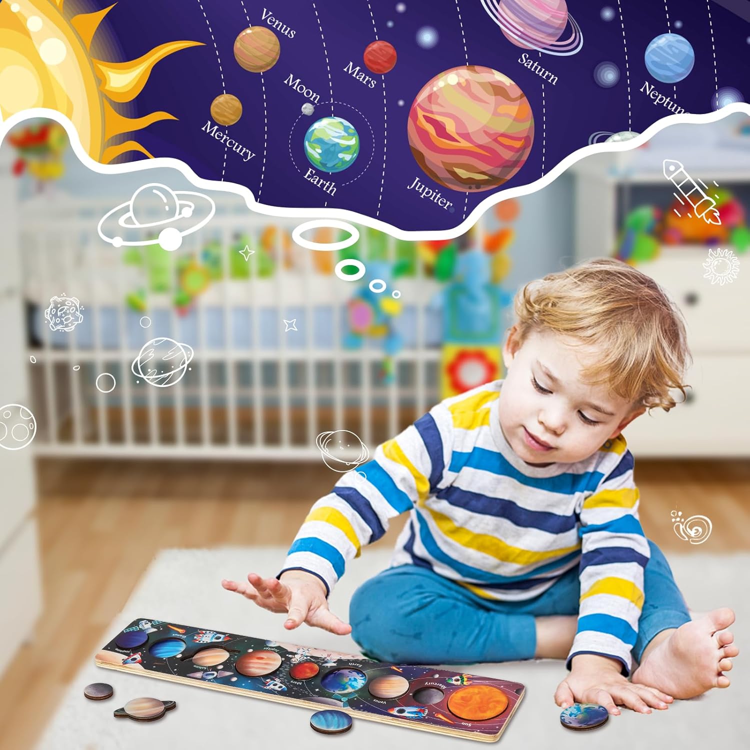 Children Wooden Space Planet P - Montessori Shelf Toy recension och pris